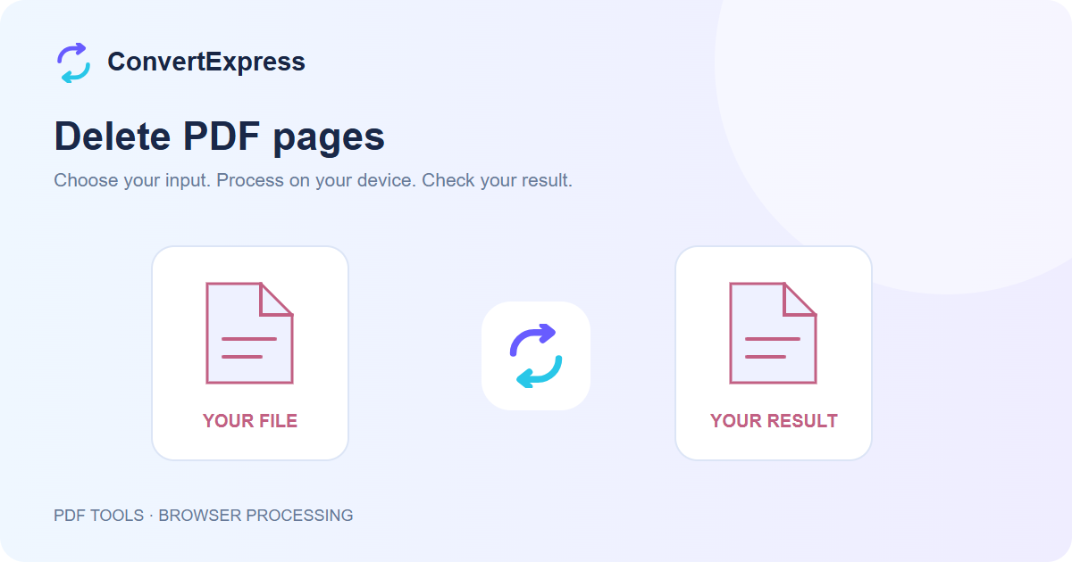 Delete PDF pages workflow: choose input, process on your device, and check the result