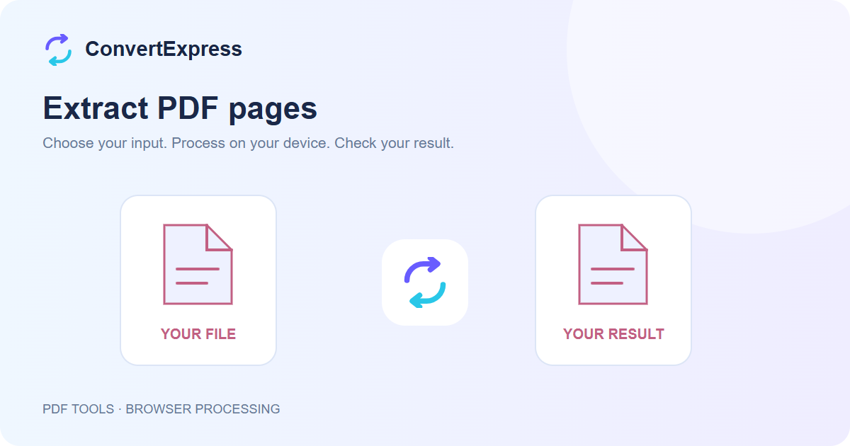 Extract PDF pages workflow: choose input, process on your device, and check the result