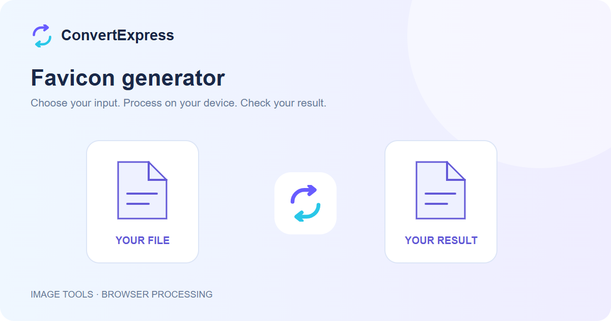 Favicon generator workflow: choose input, process on your device, and check the result