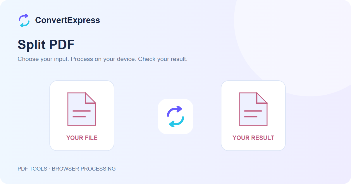 Split PDF workflow: choose input, process on your device, and check the result