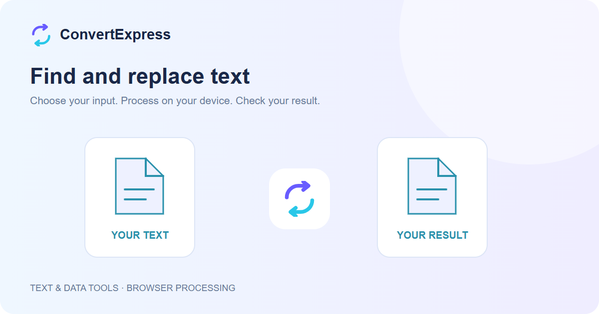 Find and replace text workflow: choose input, process on your device, and check the result